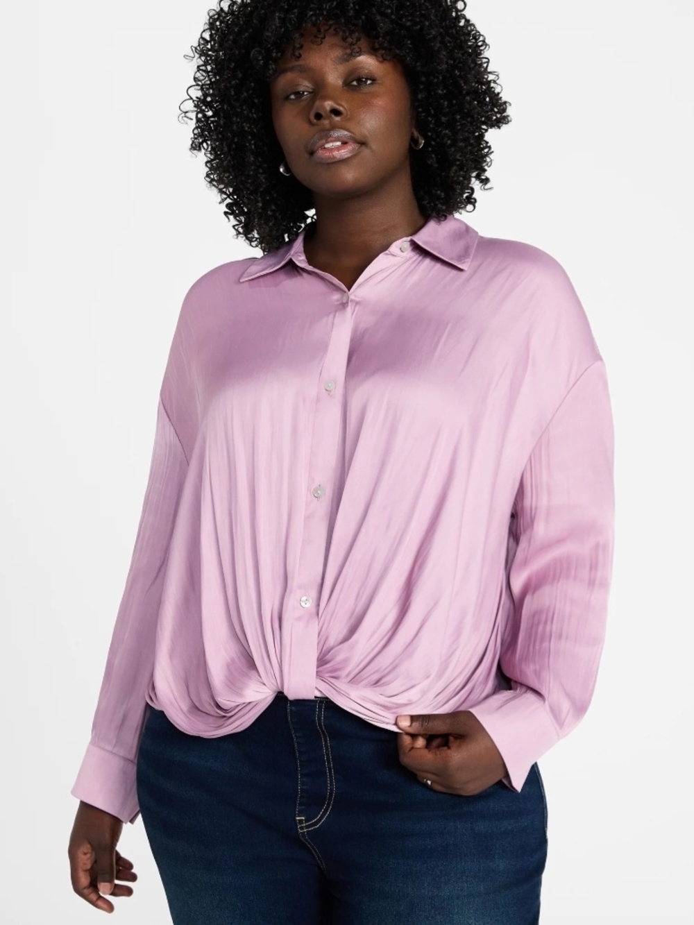 Time and Tru Lilac Twist-Front Satin Button-Up Blouse